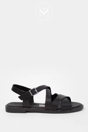OH MY SANDALS 5572 BLACK LEATHER FLAT SANDALS
