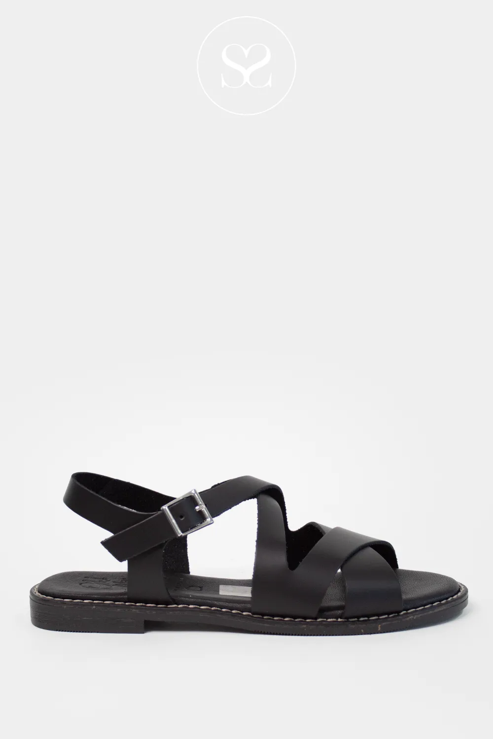 OH MY SANDALS 5572 BLACK LEATHER FLAT SANDALS