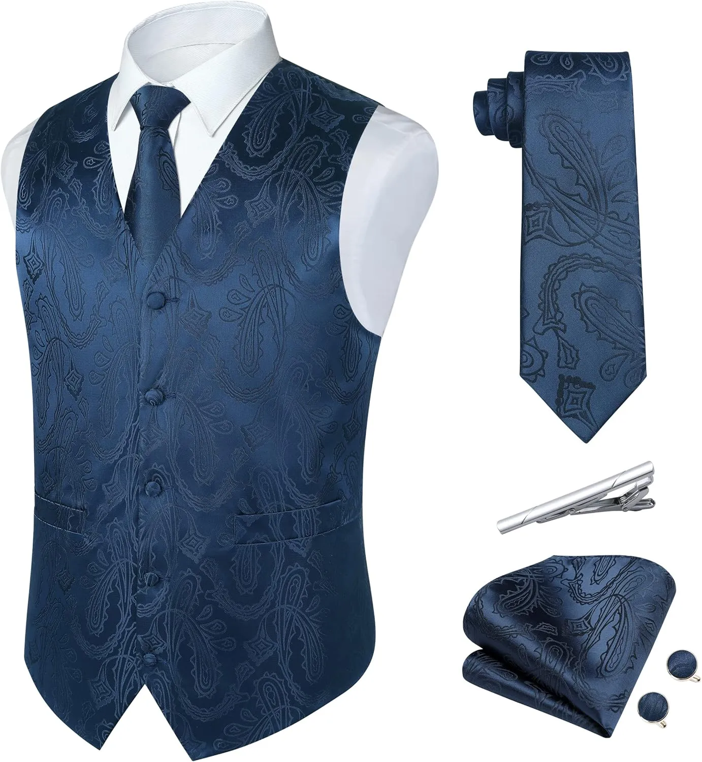 Paisley Vest and Tie Sets for Men Formal Floral Jacquard Suit Vests Ties Pocket Square Cufflinks 5PCS Tuxedo Waistcoat
