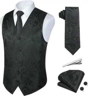Paisley Vest and Tie Sets for Men Formal Floral Jacquard Suit Vests Ties Pocket Square Cufflinks 5PCS Tuxedo Waistcoat