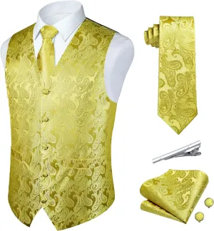 Paisley Vest and Tie Sets for Men Formal Floral Jacquard Suit Vests Ties Pocket Square Cufflinks 5PCS Tuxedo Waistcoat