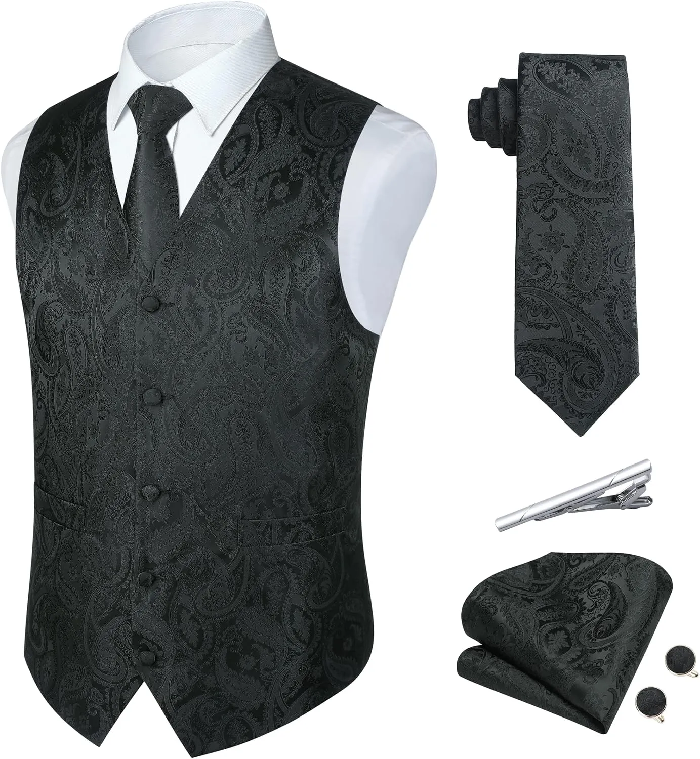 Paisley Vest and Tie Sets for Men Formal Floral Jacquard Suit Vests Ties Pocket Square Cufflinks 5PCS Tuxedo Waistcoat