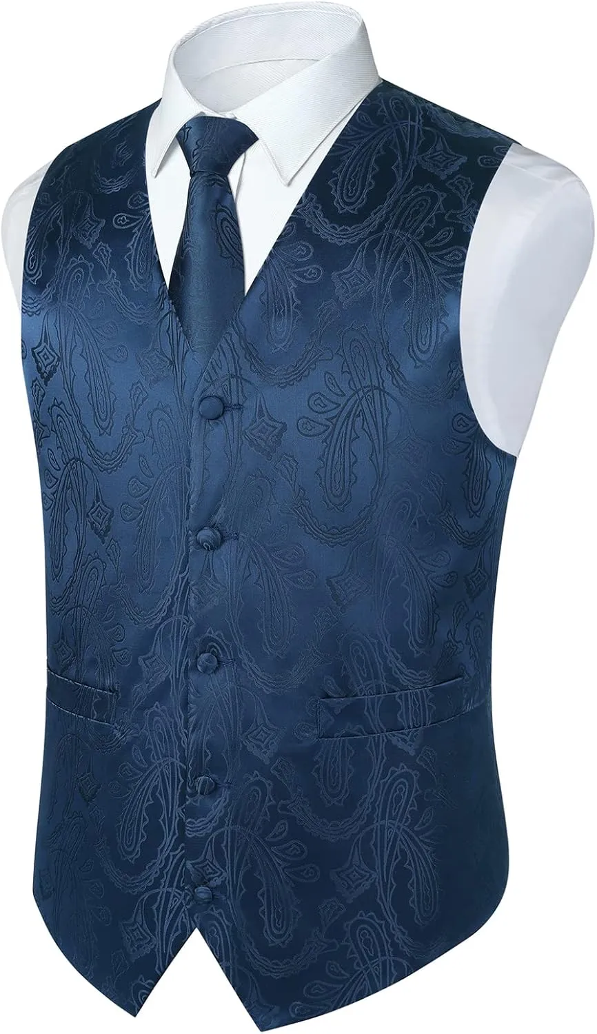 Paisley Vest and Tie Sets for Men Formal Floral Jacquard Suit Vests Ties Pocket Square Cufflinks 5PCS Tuxedo Waistcoat
