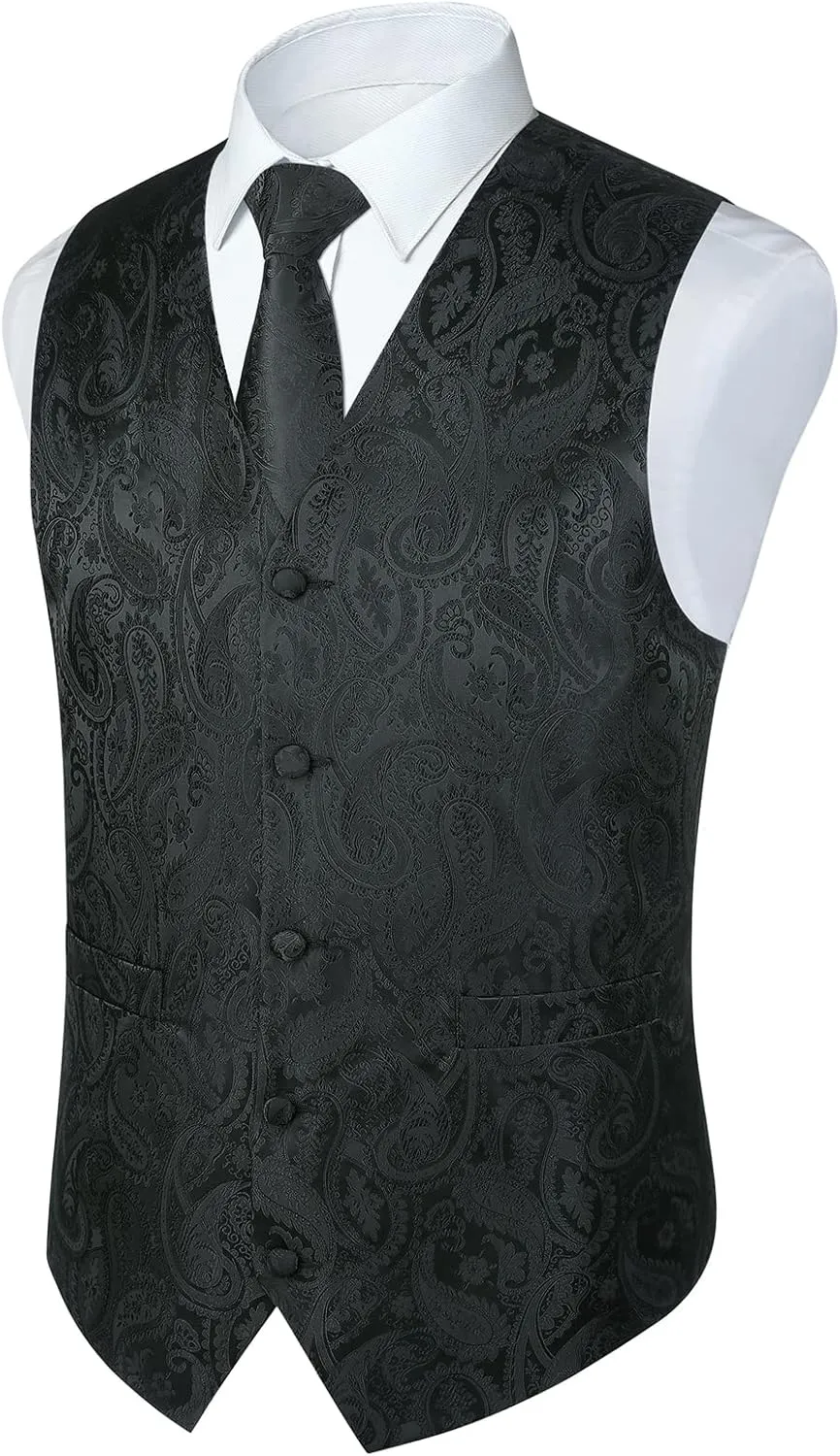 Paisley Vest and Tie Sets for Men Formal Floral Jacquard Suit Vests Ties Pocket Square Cufflinks 5PCS Tuxedo Waistcoat