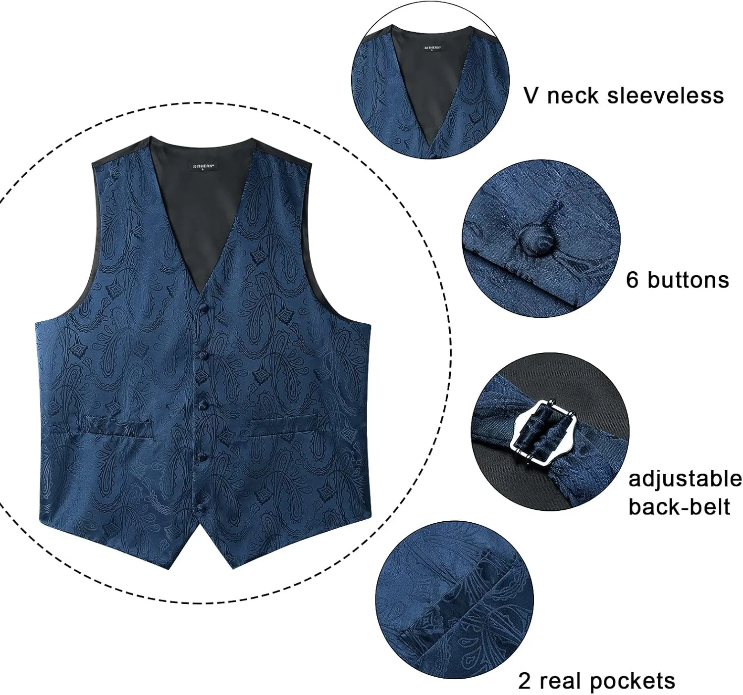 Paisley Vest and Tie Sets for Men Formal Floral Jacquard Suit Vests Ties Pocket Square Cufflinks 5PCS Tuxedo Waistcoat