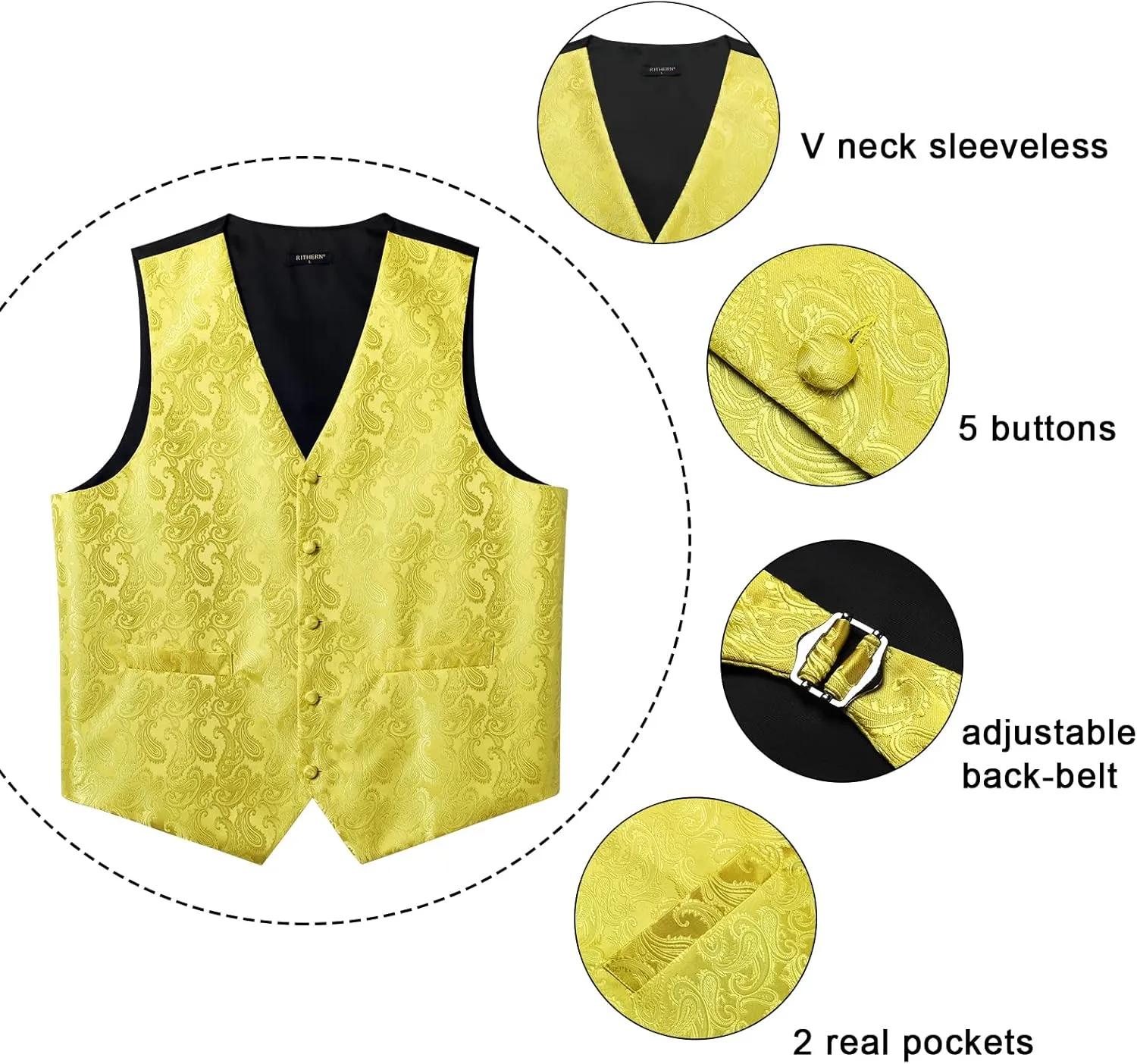 Paisley Vest and Tie Sets for Men Formal Floral Jacquard Suit Vests Ties Pocket Square Cufflinks 5PCS Tuxedo Waistcoat