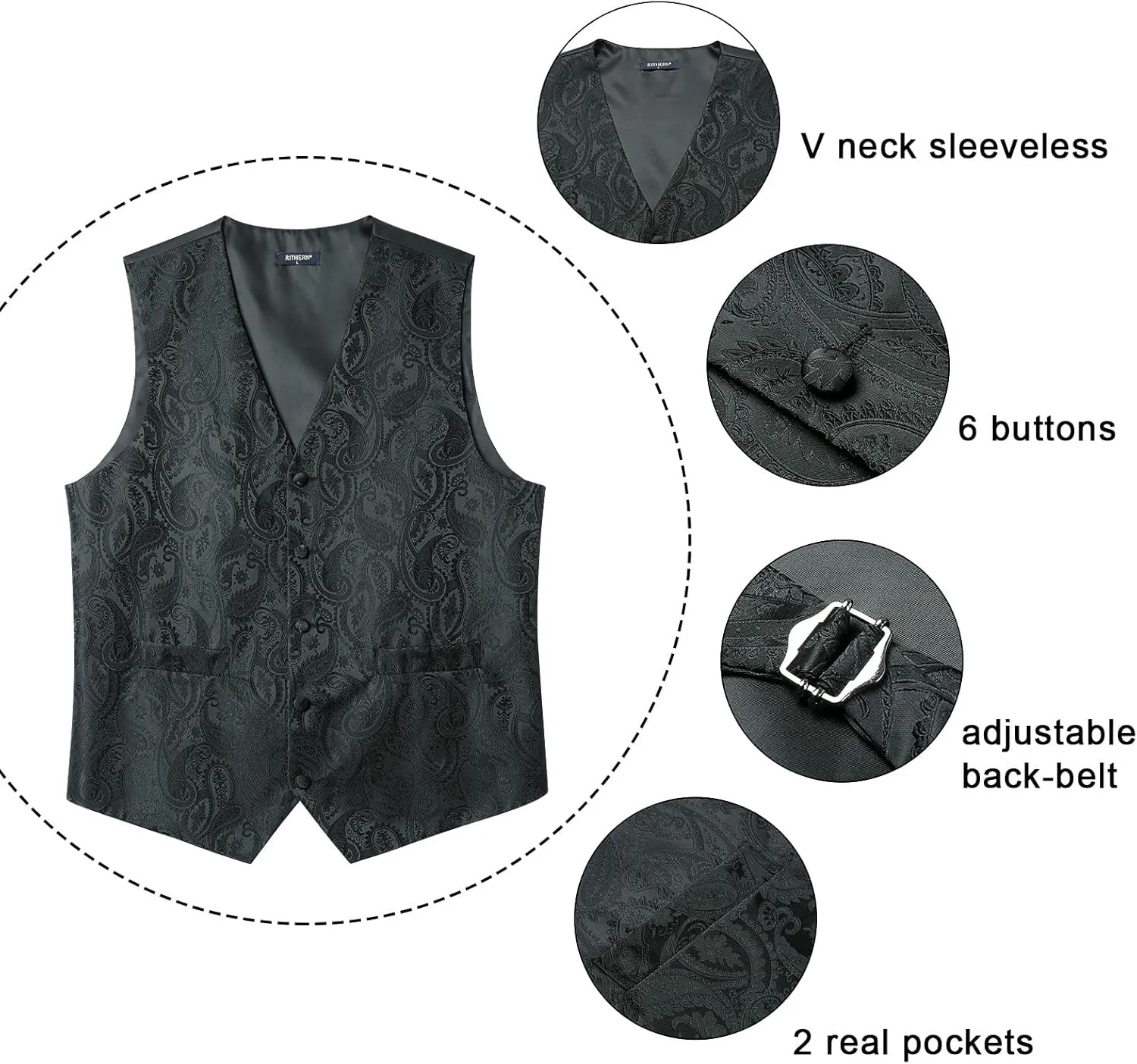 Paisley Vest and Tie Sets for Men Formal Floral Jacquard Suit Vests Ties Pocket Square Cufflinks 5PCS Tuxedo Waistcoat