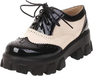 Parisuit Womens Lace Up Wingtip Chunky Oxford Shoes Patent Leather Platform Brogue Pumps