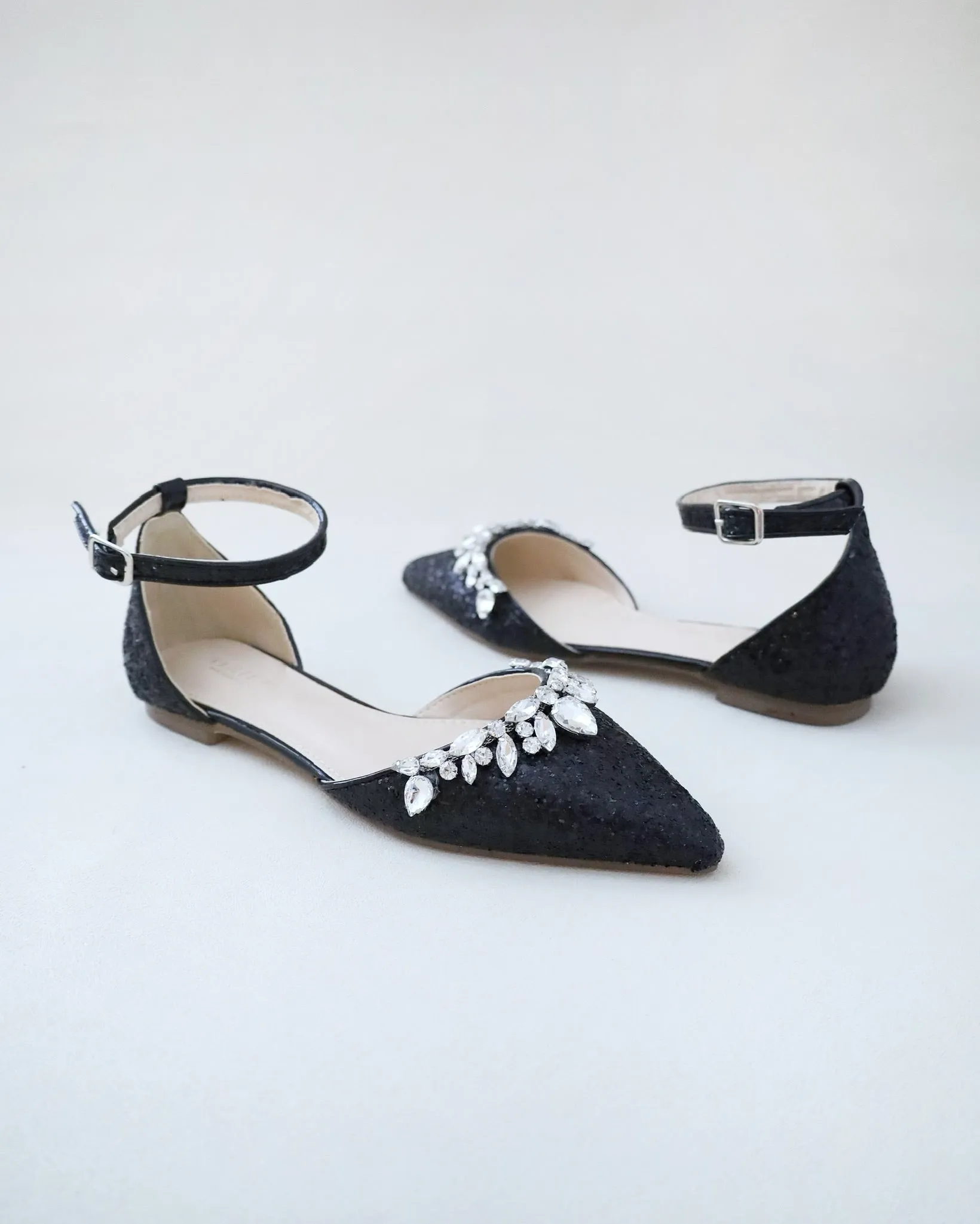 Pointy Toe Glitter Ankle Strap Flats with Teardrop Rhinestones