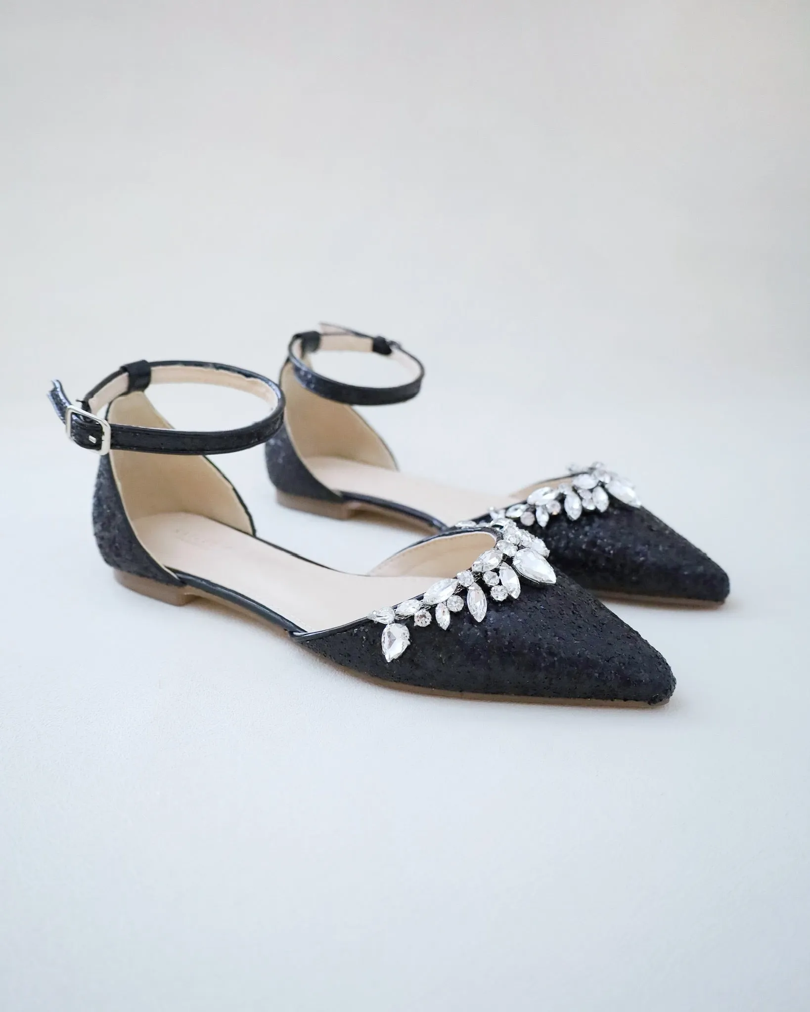 Pointy Toe Glitter Ankle Strap Flats with Teardrop Rhinestones