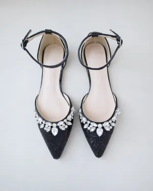 Pointy Toe Glitter Ankle Strap Flats with Teardrop Rhinestones