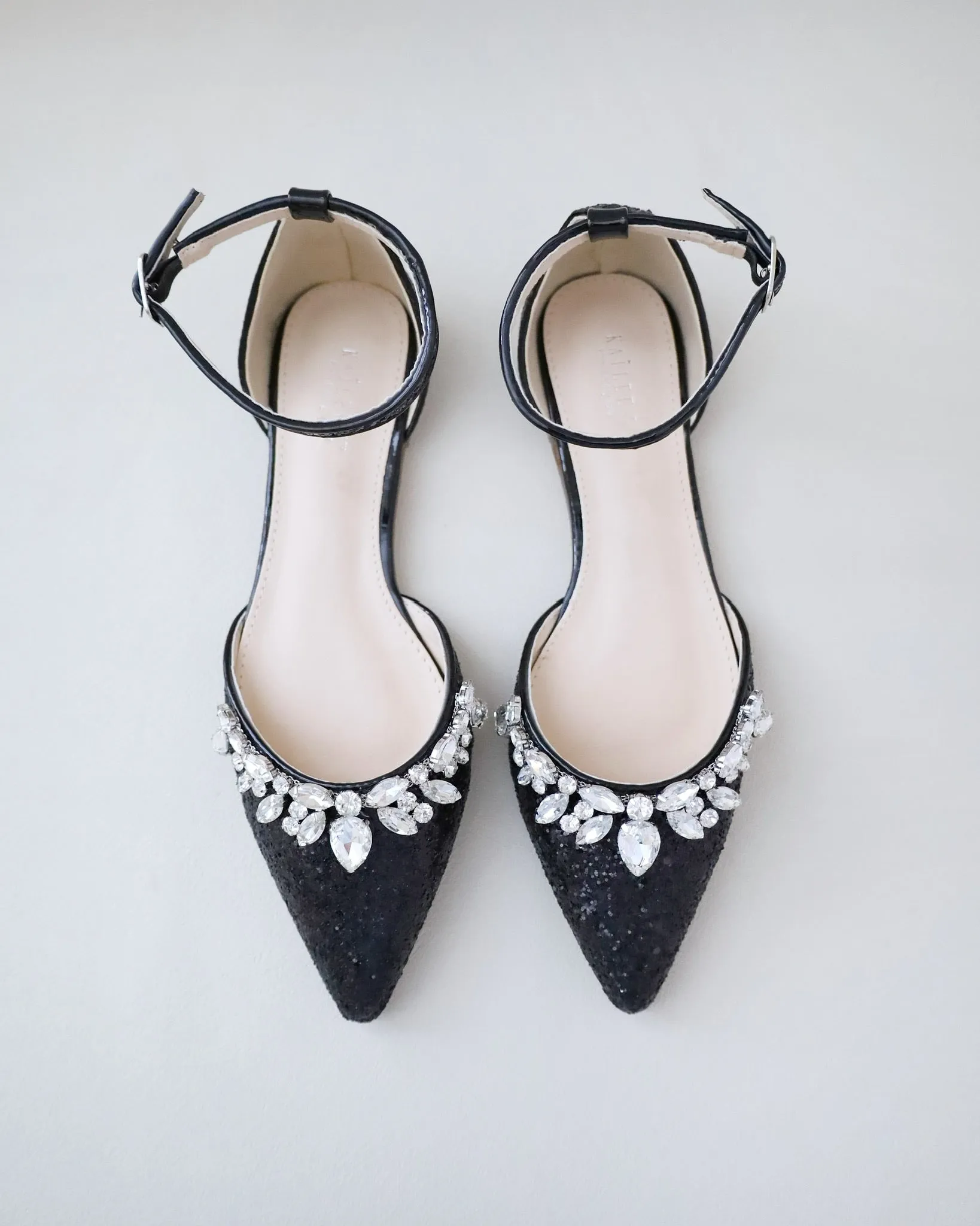 Pointy Toe Glitter Ankle Strap Flats with Teardrop Rhinestones