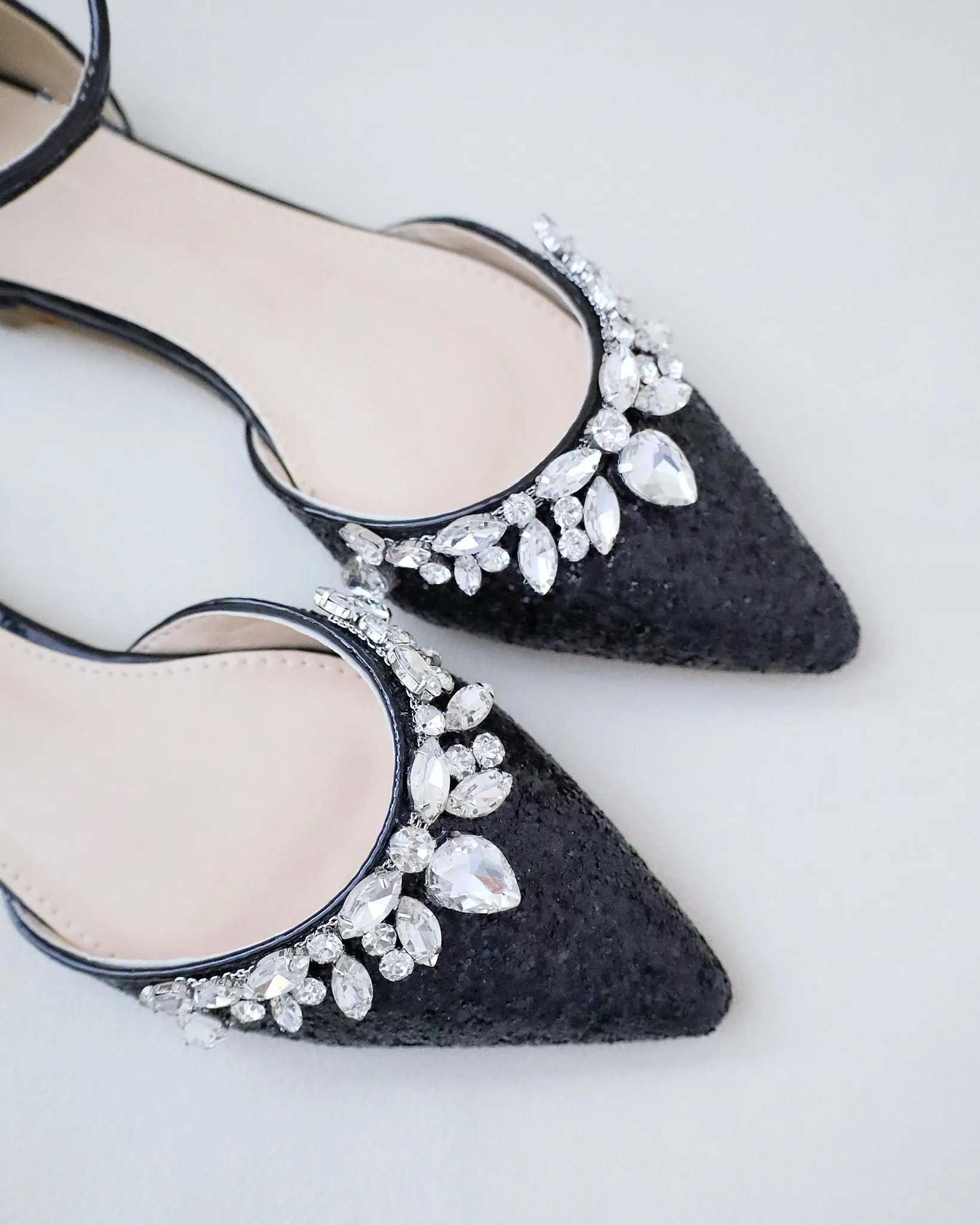 Pointy Toe Glitter Ankle Strap Flats with Teardrop Rhinestones