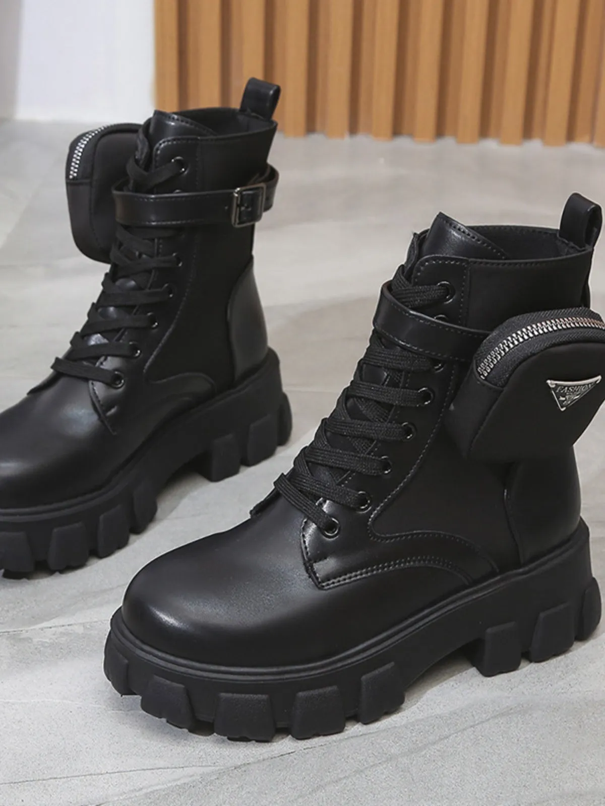 PU Leather Lace-Up Platform Boots