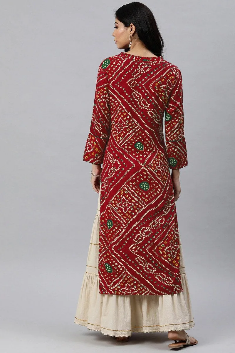 Rayon Blend Red And Beige Bandhani Printed Straight Kurta