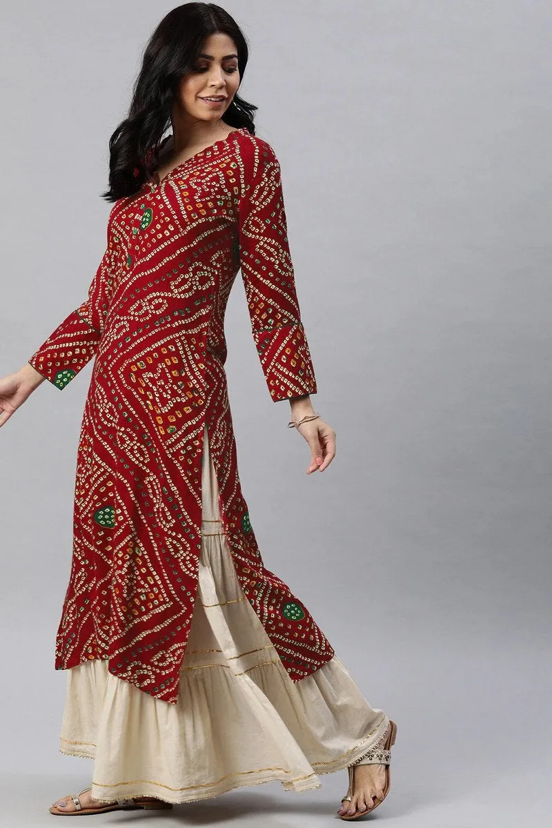 Rayon Blend Red And Beige Bandhani Printed Straight Kurta