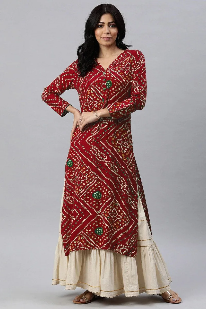 Rayon Blend Red And Beige Bandhani Printed Straight Kurta