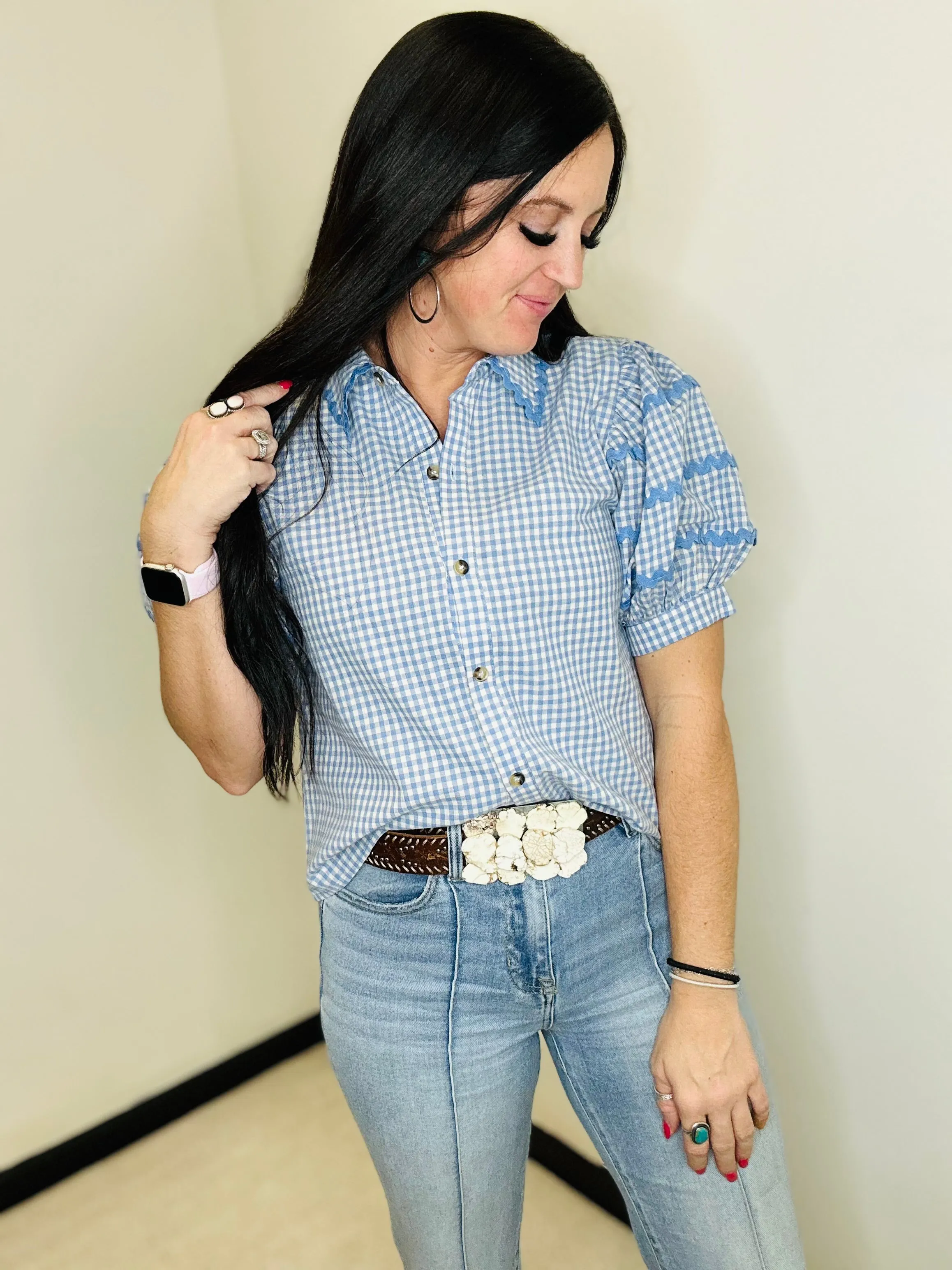 Sadie Blue Checked Puff Sleeve Top