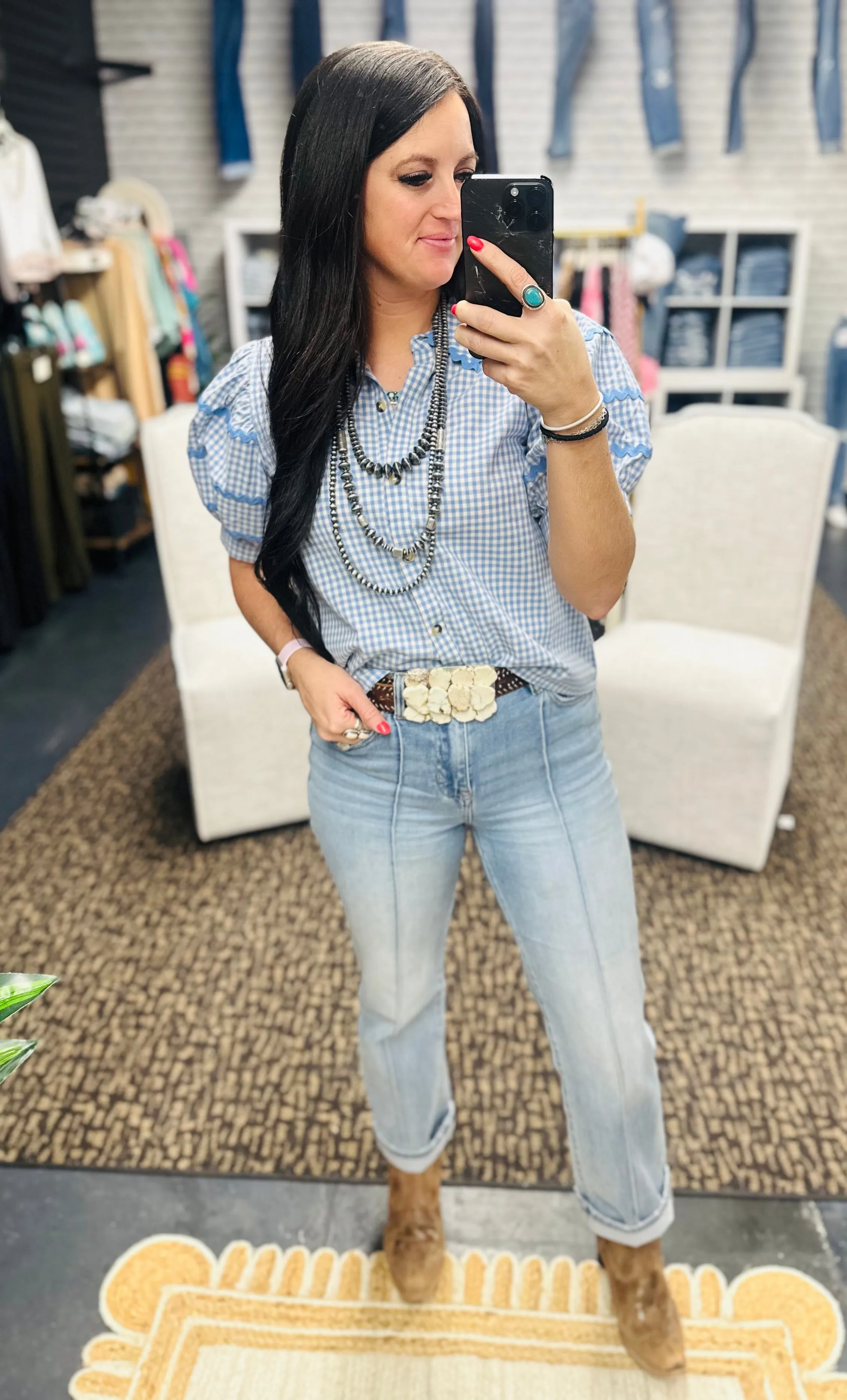 Sadie Blue Checked Puff Sleeve Top