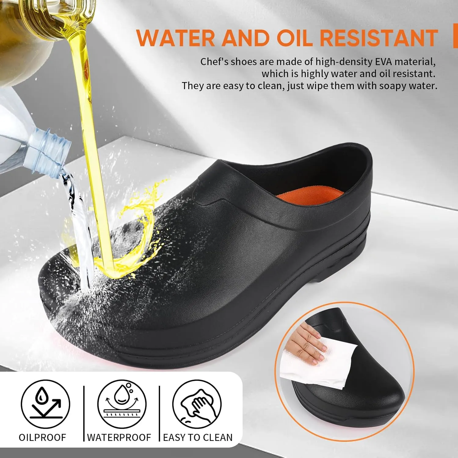 Slip Resistant Shoes for Kitchen/Chef/Garden/Nurse Non Slip Work Shoes for Men & Women Durable & Comfortable Black Clogs for Professional Safety(6-11Men/8-12.5Women)