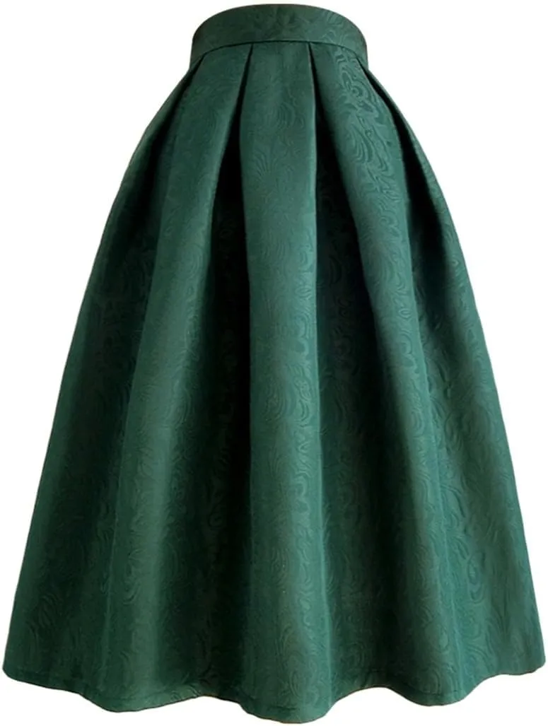 Spring Autumn Vintage Elegant Women Striped Jacquard High Waisted Long Pleated Skirt