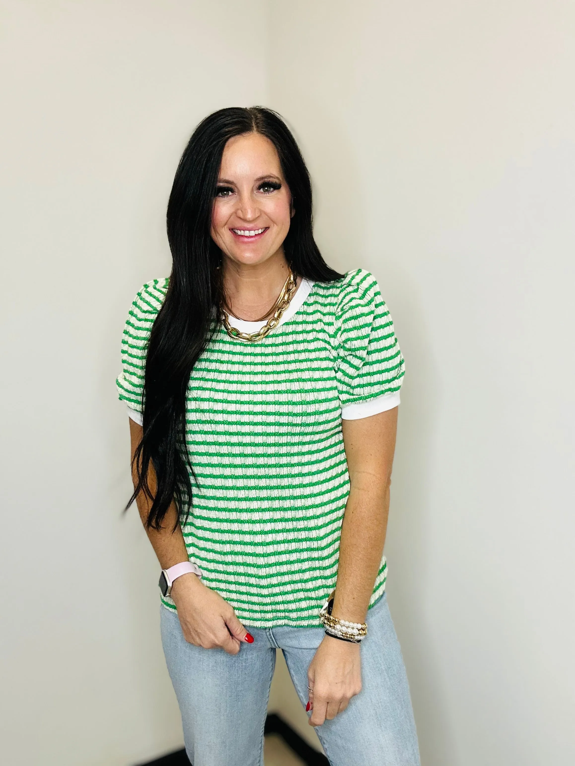 Tiffany Textured Green Striped Top