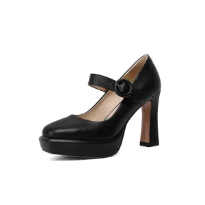TinaCus Women's Genuine Leather Square Toe Handmade Platform Buckle Belt High Chunky Heels Stylish Pumps