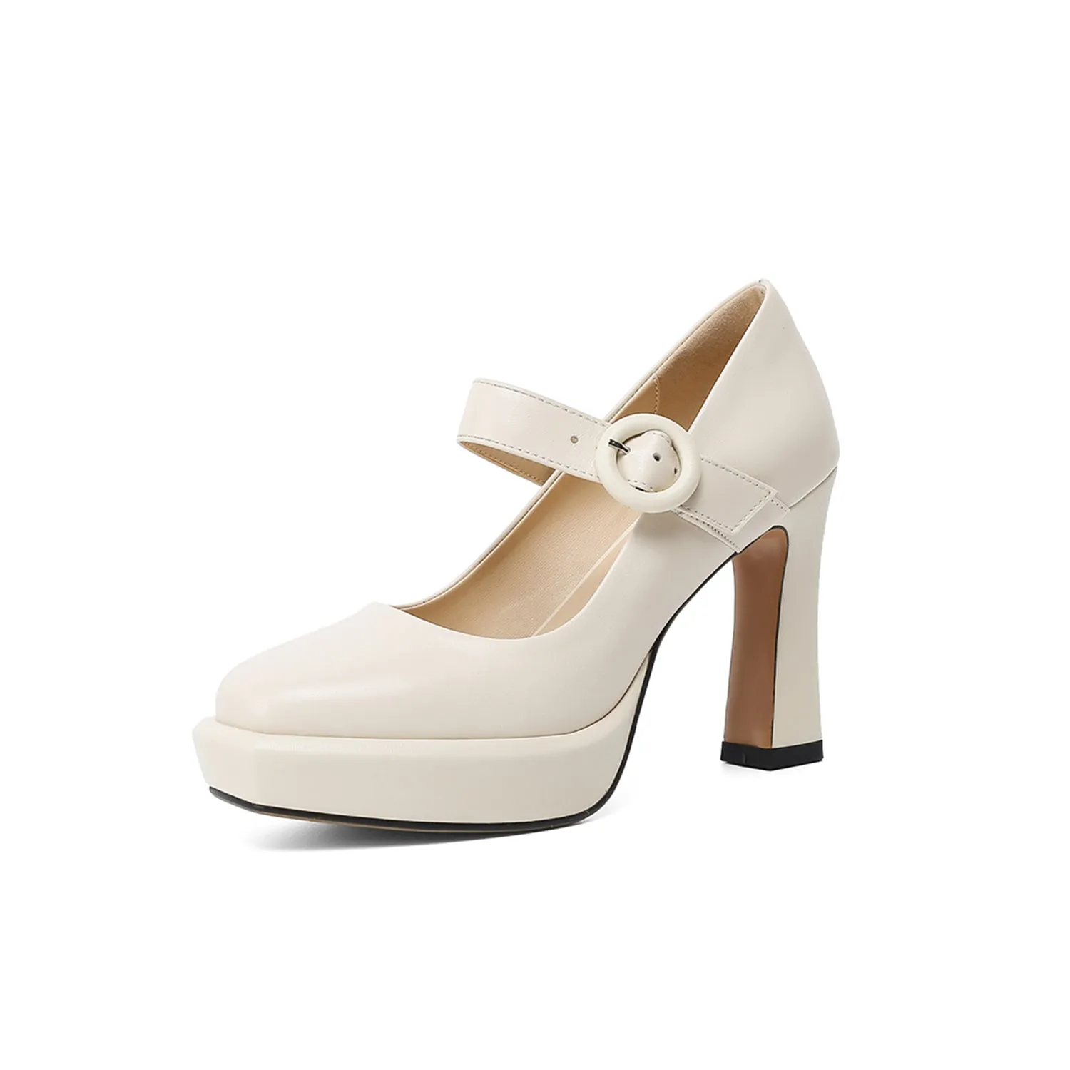 TinaCus Women's Genuine Leather Square Toe Handmade Platform Buckle Belt High Chunky Heels Stylish Pumps