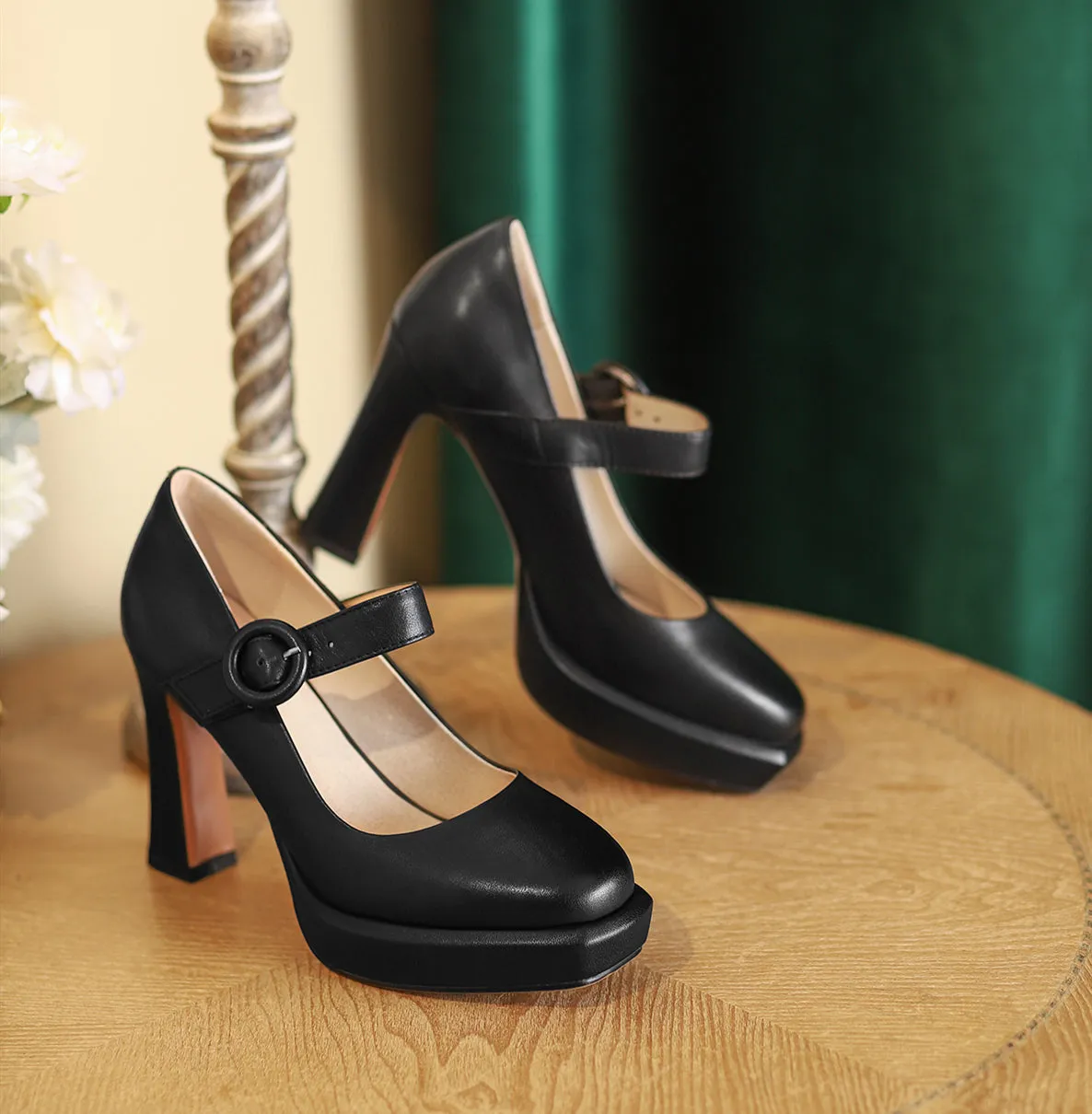TinaCus Women's Genuine Leather Square Toe Handmade Platform Buckle Belt High Chunky Heels Stylish Pumps