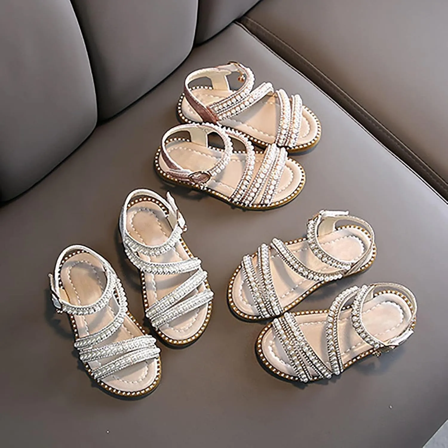 Toddler Baby Girls Dress Sandals Kids Pearls Open Toe Ankle Straps Princess Flat Sandal Wedding Flower Girl Shoes