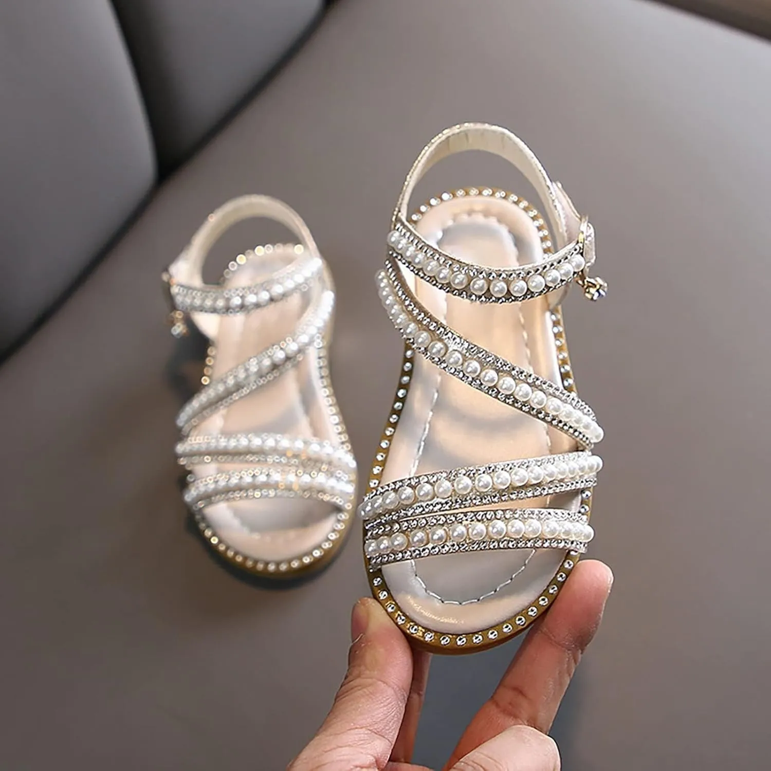 Toddler Baby Girls Dress Sandals Kids Pearls Open Toe Ankle Straps Princess Flat Sandal Wedding Flower Girl Shoes