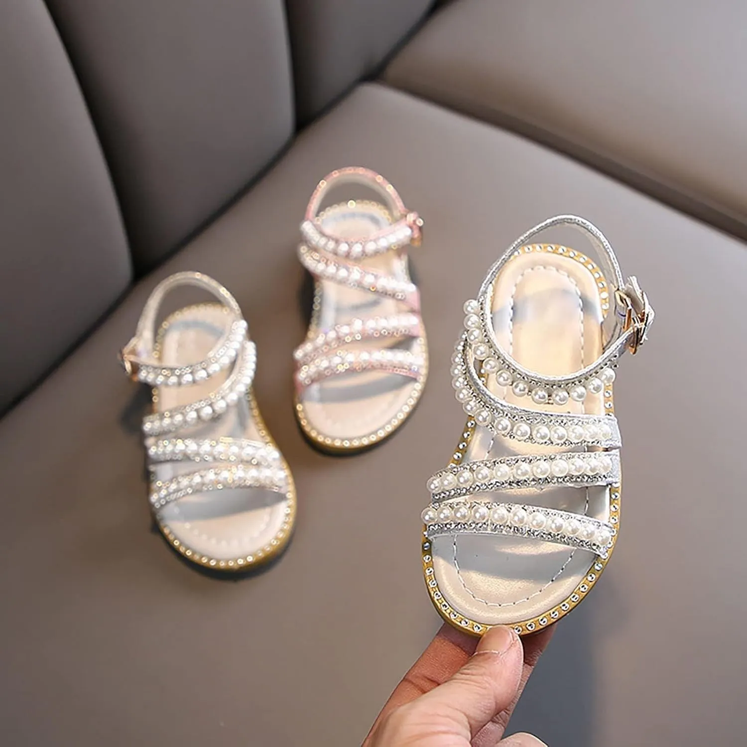Toddler Baby Girls Dress Sandals Kids Pearls Open Toe Ankle Straps Princess Flat Sandal Wedding Flower Girl Shoes