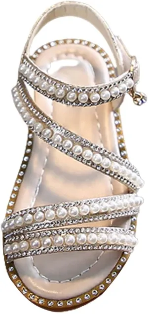 Toddler Baby Girls Dress Sandals Kids Pearls Open Toe Ankle Straps Princess Flat Sandal Wedding Flower Girl Shoes