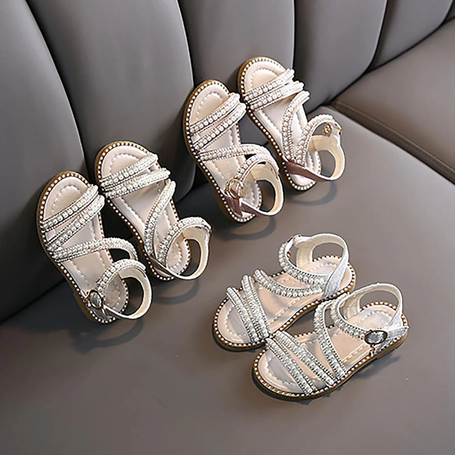 Toddler Baby Girls Dress Sandals Kids Pearls Open Toe Ankle Straps Princess Flat Sandal Wedding Flower Girl Shoes