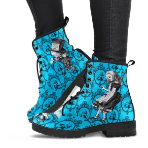 Turquoise Alice in Wonderland Vegan Leather Combat Boots - Mad Hatter Tea Party Costume (REGTA1)