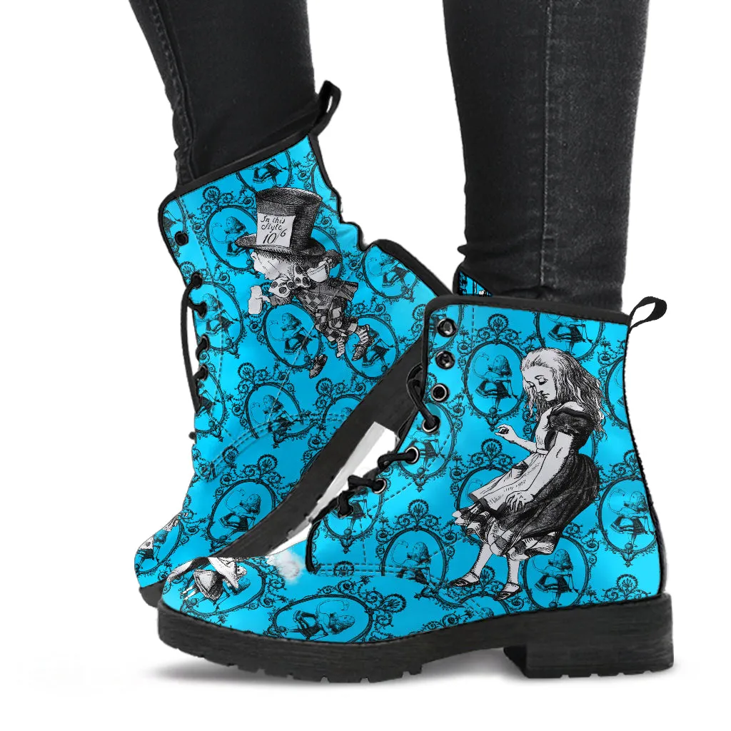 Turquoise Alice in Wonderland Vegan Leather Combat Boots - Mad Hatter Tea Party Costume (REGTA1)