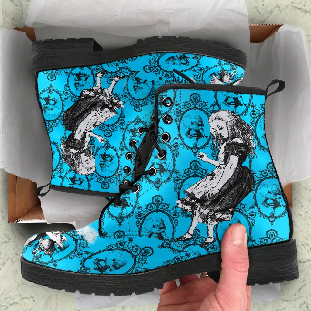 Turquoise Alice in Wonderland Vegan Leather Combat Boots - Mad Hatter Tea Party Costume (REGTA1)