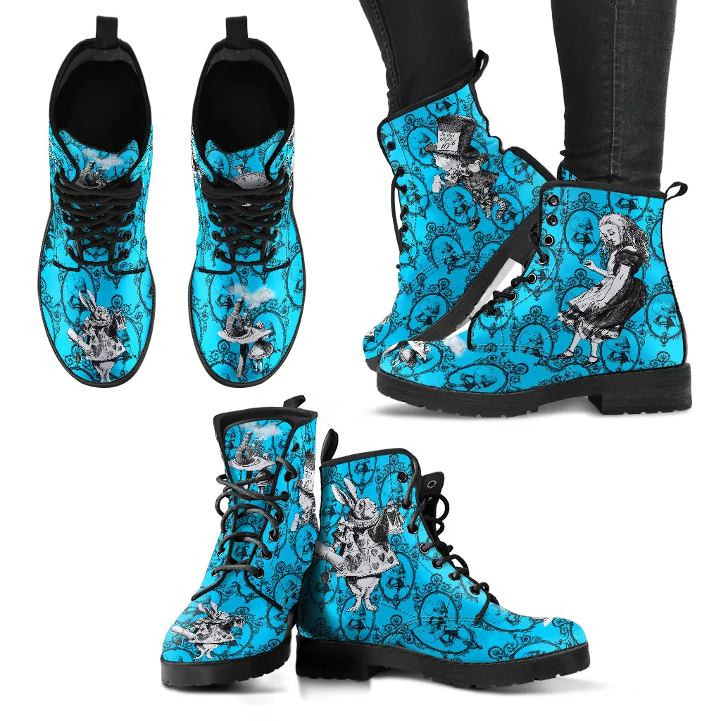Turquoise Alice in Wonderland Vegan Leather Combat Boots - Mad Hatter Tea Party Costume (REGTA1)