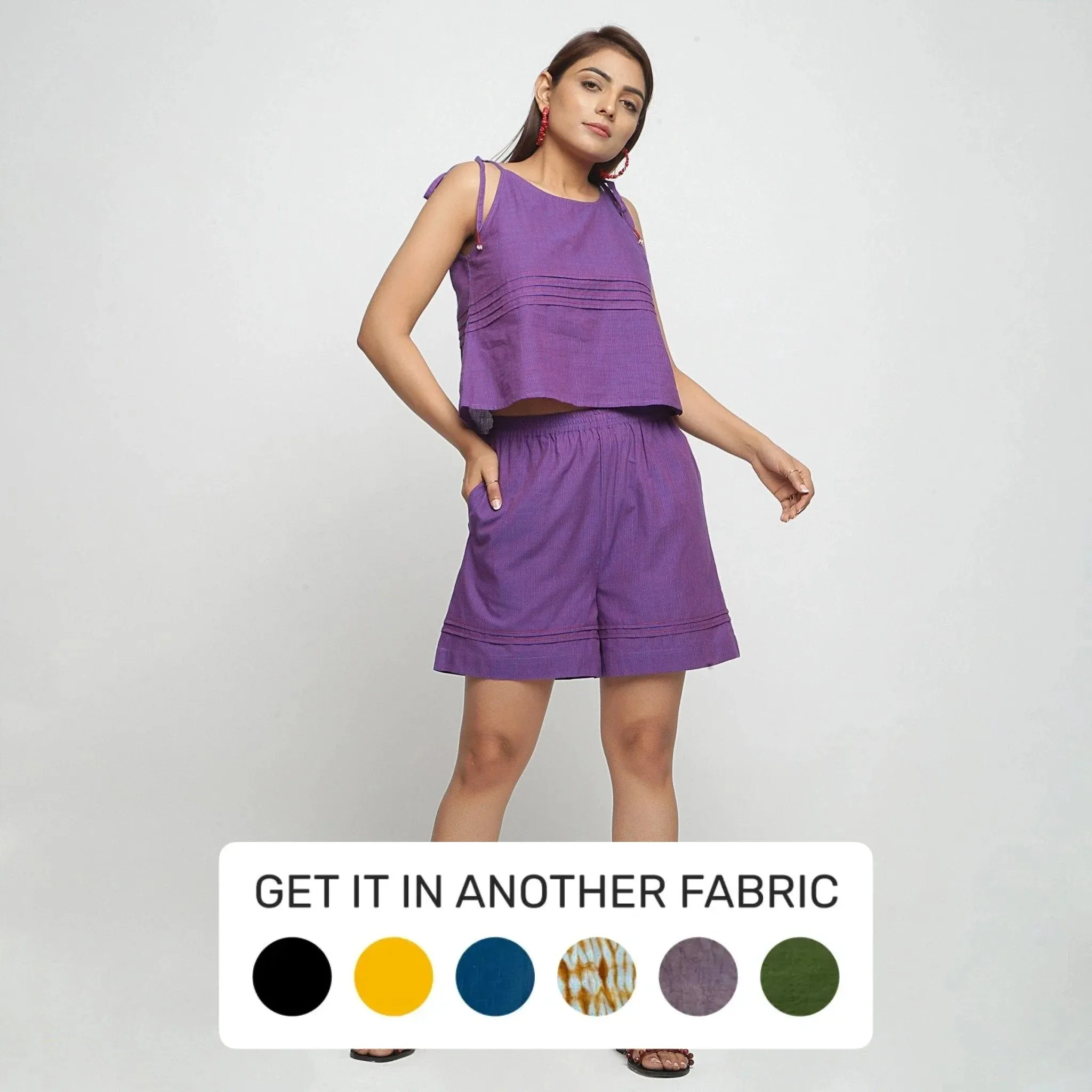 Violet Striped Mangalgiri Cotton Elasticated High-Rise Shorts