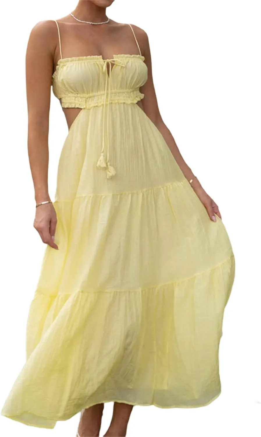 Women Low Cut Backless Maxi Dresses Elegant Spaghetti Strap Tiered Long Dress Relax Fit Open Back Cutout Flowy Sundress