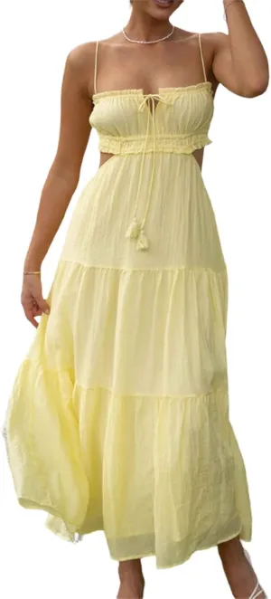 Women Low Cut Backless Maxi Dresses Elegant Spaghetti Strap Tiered Long Dress Relax Fit Open Back Cutout Flowy Sundress