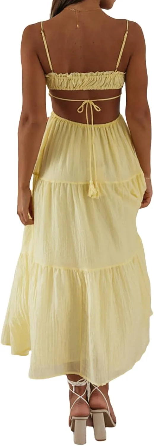 Women Low Cut Backless Maxi Dresses Elegant Spaghetti Strap Tiered Long Dress Relax Fit Open Back Cutout Flowy Sundress