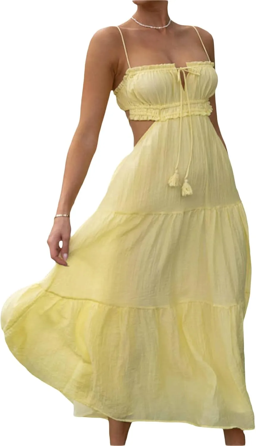 Women Low Cut Backless Maxi Dresses Elegant Spaghetti Strap Tiered Long Dress Relax Fit Open Back Cutout Flowy Sundress