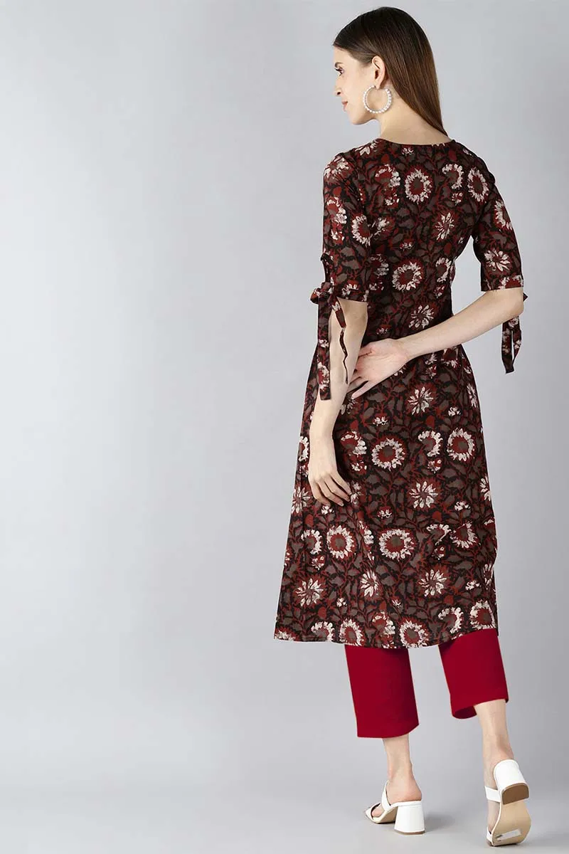 Women Occasion Wear Brown Color Printed Cotton Fabric Kurti