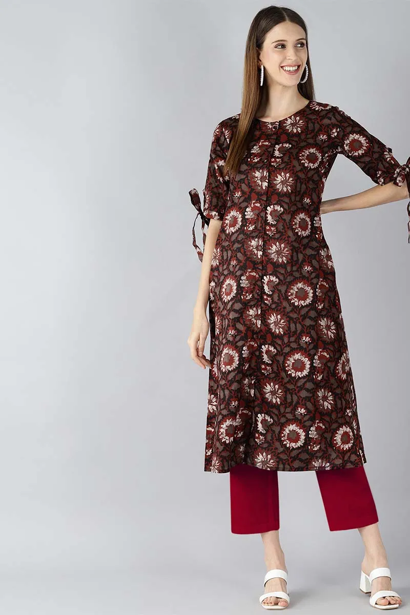Women Occasion Wear Brown Color Printed Cotton Fabric Kurti