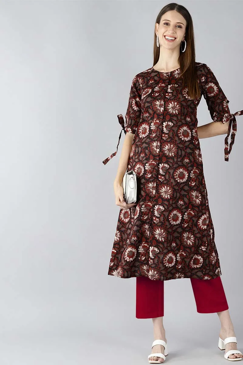 Women Occasion Wear Brown Color Printed Cotton Fabric Kurti