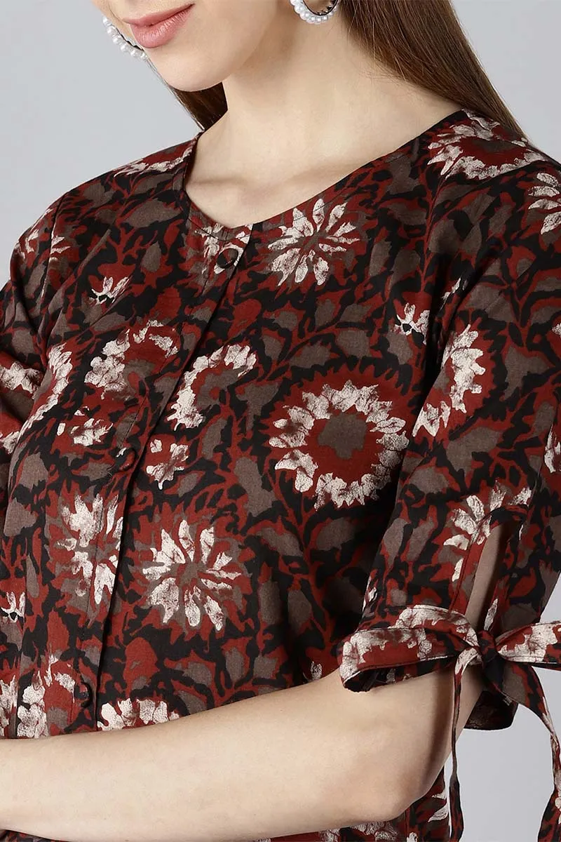 Women Occasion Wear Brown Color Printed Cotton Fabric Kurti