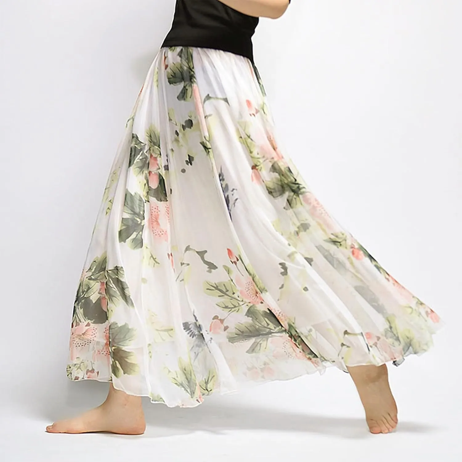 Women's Chiffon Floral Boho Skirts Flowy Double-Layered Mesh Maxi Skirt Elegant Pleated A-Line Long Beach Skirts
