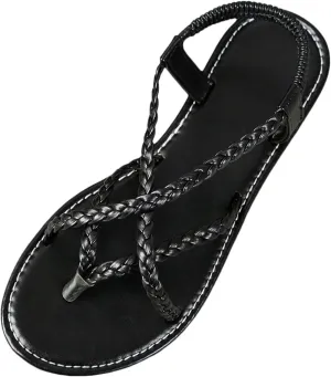 Womens Flat Sandals Braided Strappy Gladiator Thong Sandals Casual Elastic Strap Flip Flops Slingback Beach Sandals