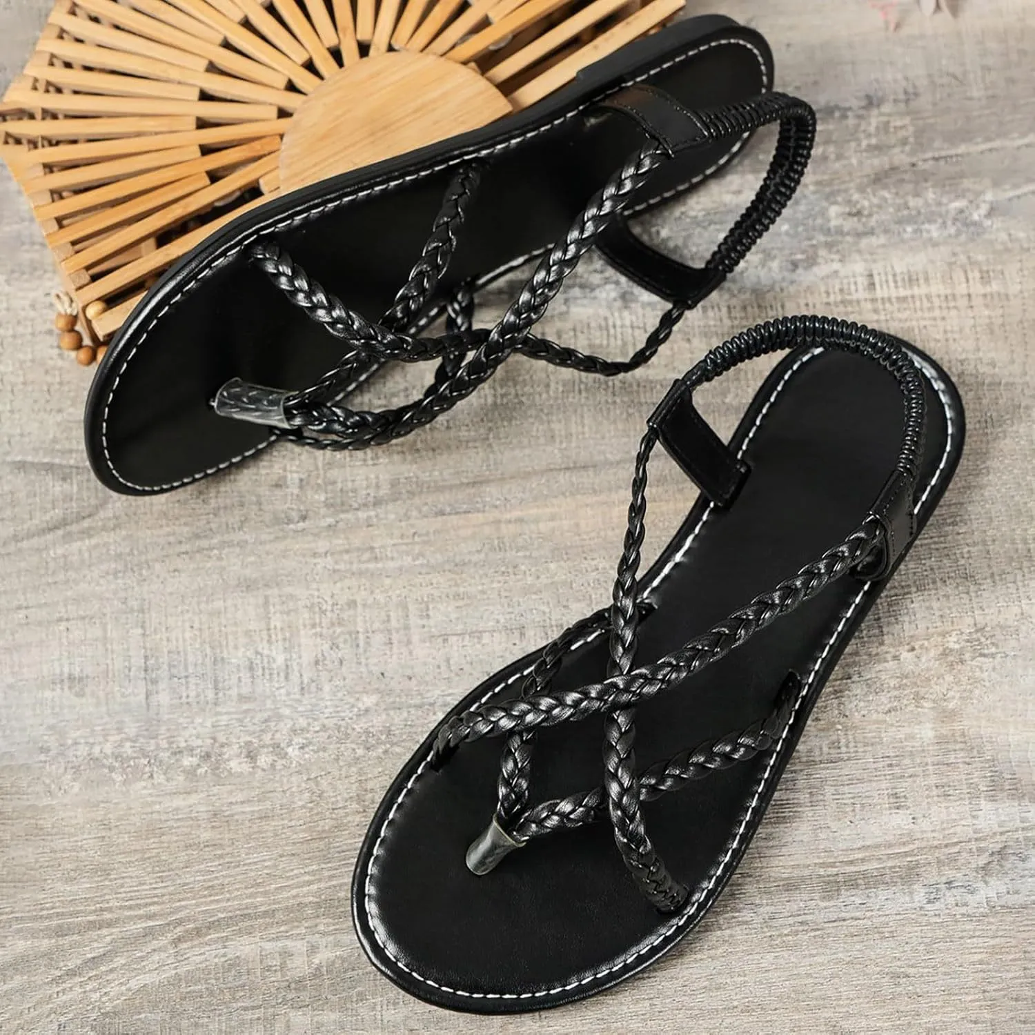 Womens Flat Sandals Braided Strappy Gladiator Thong Sandals Casual Elastic Strap Flip Flops Slingback Beach Sandals